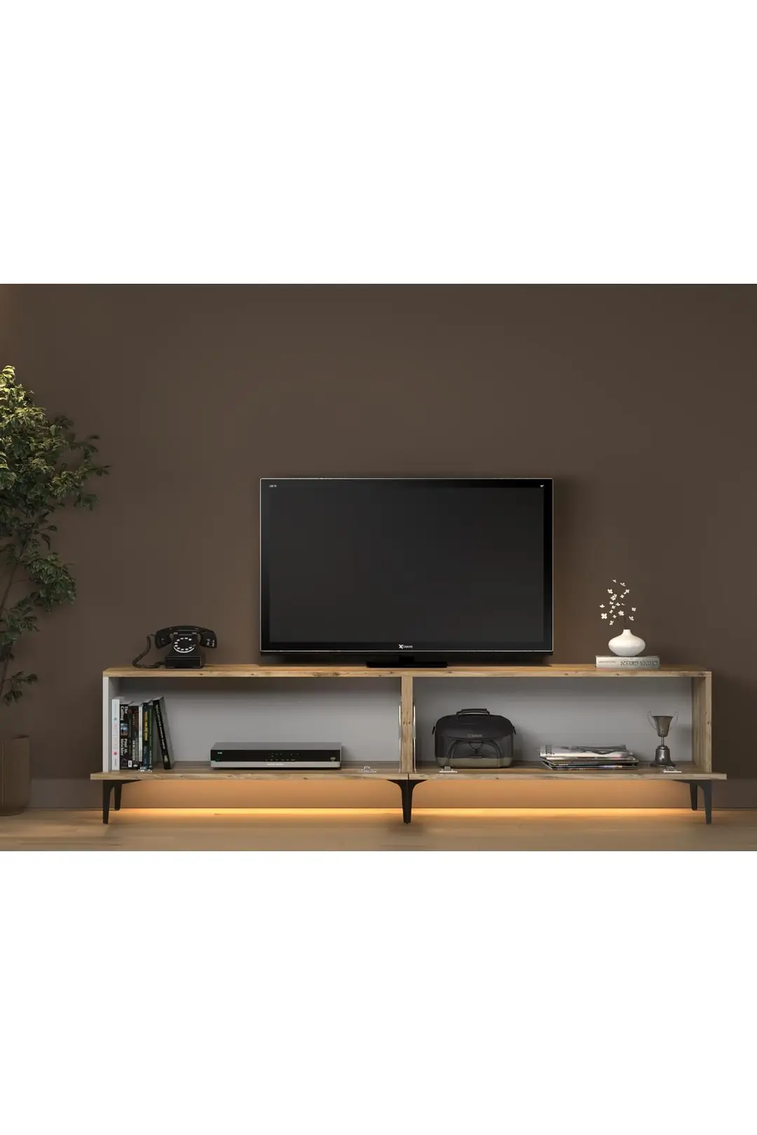 Napoli 200 Cm Led Işıklı Geniş Dolaplı Minifiksli Tv Ünitesi - Tv Sehpası - Atlantik Çam